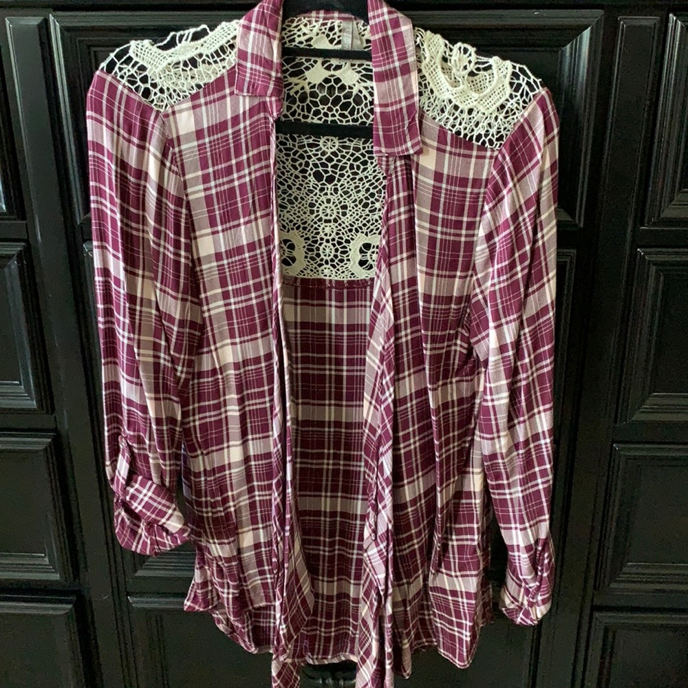 Maroon and cream plaid shirt cardigan